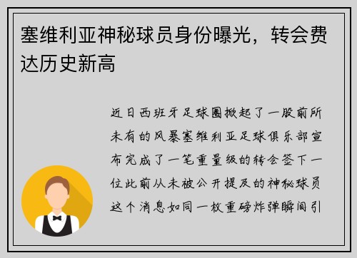 塞维利亚神秘球员身份曝光，转会费达历史新高