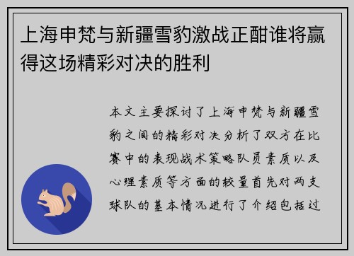 上海申梵与新疆雪豹激战正酣谁将赢得这场精彩对决的胜利